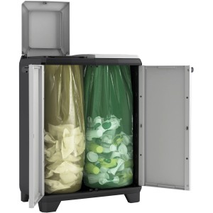 Kis Recyclingschrank Split Premium, schwarz-hellgrau, mit zwei Müllsäcken. Ideal zur Mülltrennung.