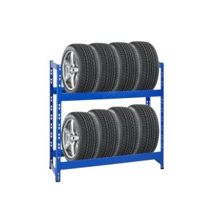 Blaues Reifenregal mit 2 Ebenen für 8 Reifen. Stabiles Metallregal zur optimalen Reifenlagerung.
