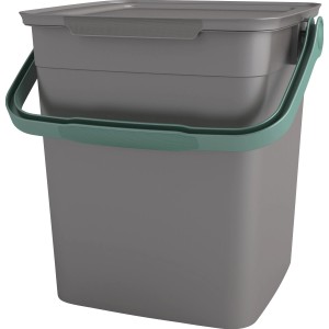 Grauer Bio Mülleimer Kompost Container Smart 9 l mit Deckel und grünem Griff.