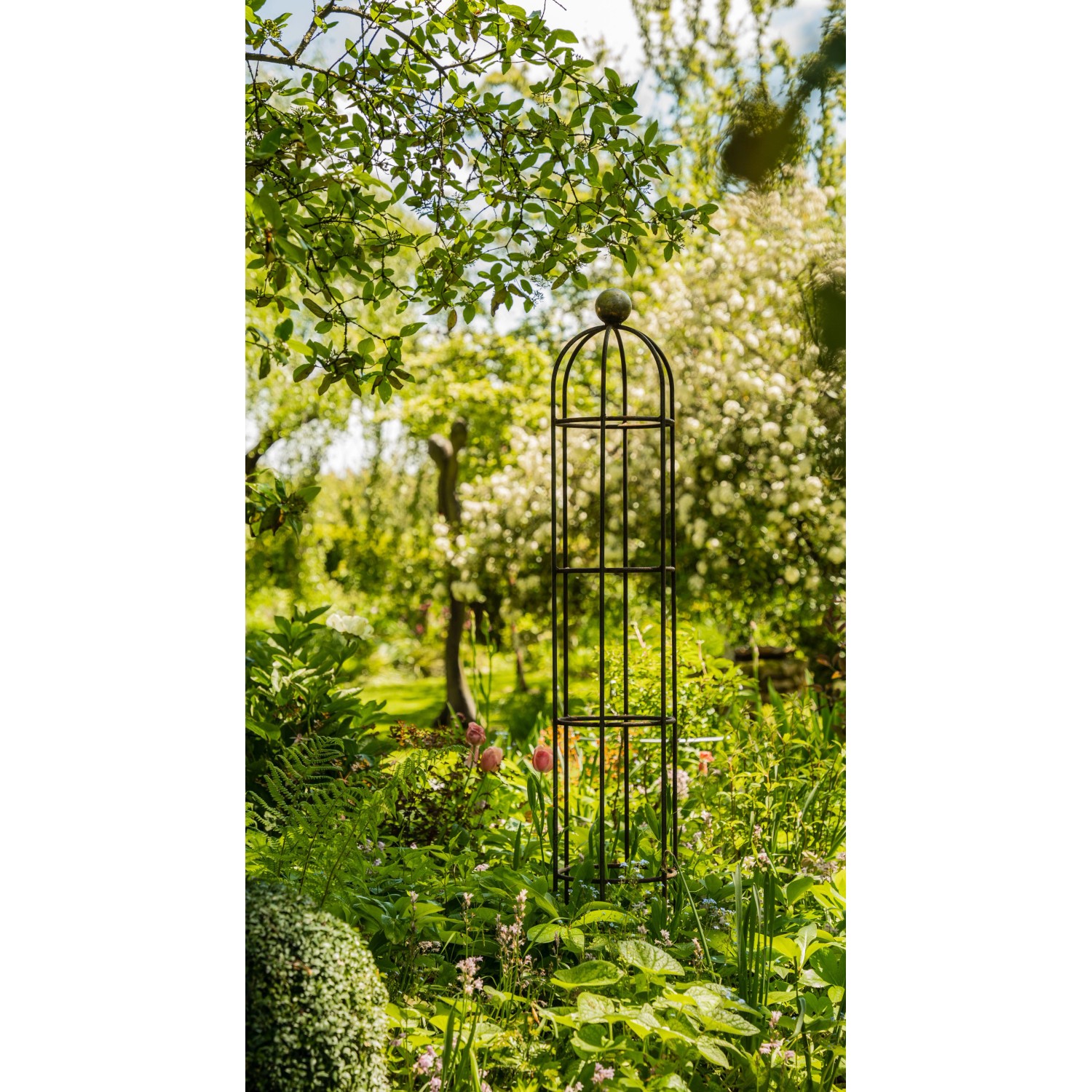 Eleo Obelisk Messina klein, unbeschichtet im Garten, eine Rankhilfe für Kletterpflanzen.