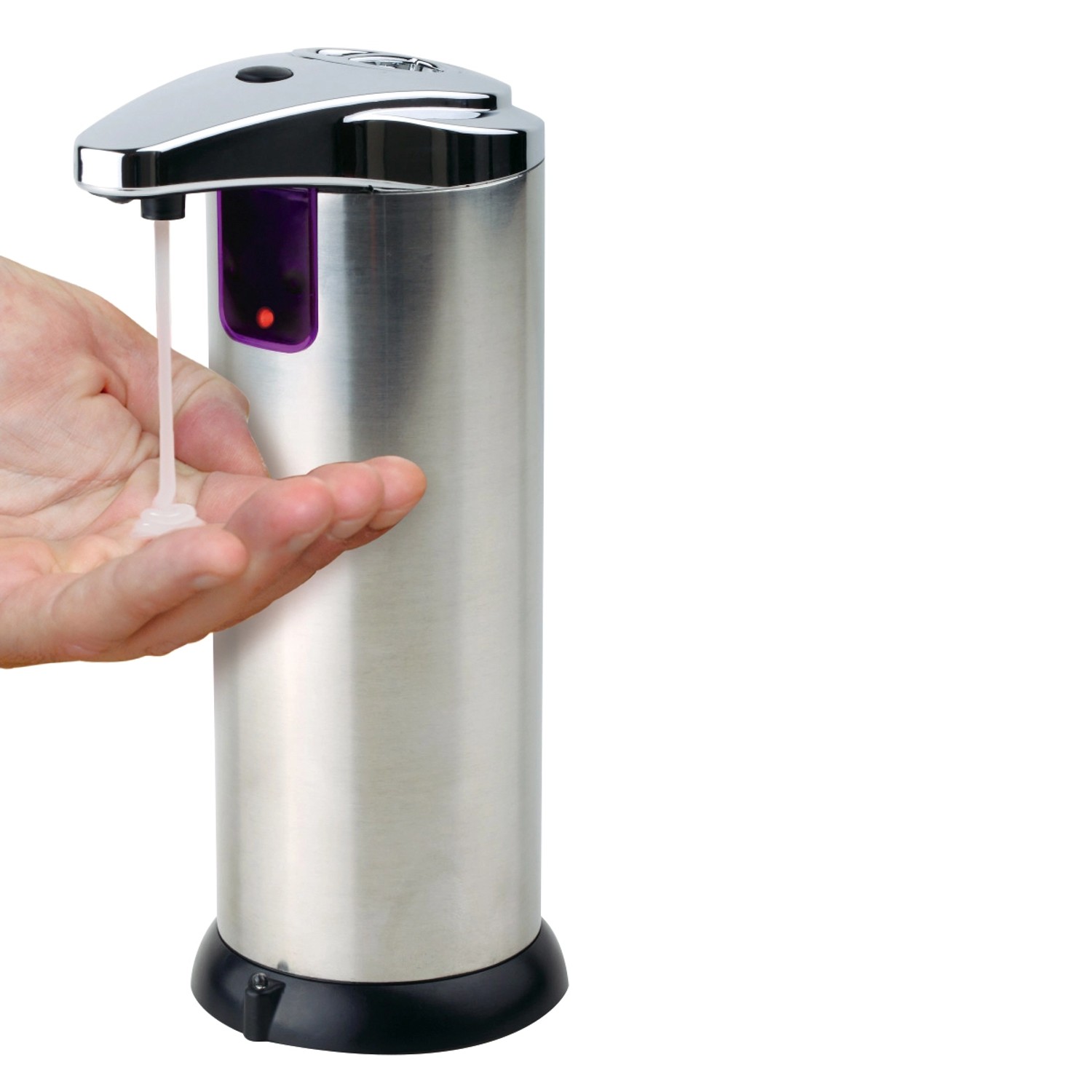 FormuClear Seifenspender mit Sensor, Edelstahl, 220ml. Hand unter Spender für berührungslose Seifenabgabe.