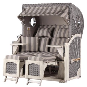 Komplettset: Strandkorb Ammersee Mahagoni, grau-gestreifte Polster, Bullaugen, ausziehbare Fußstützen.