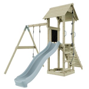 PolarPlay Kinderschaukel Göteborg Eisblau mit Rutsche und Spielturm aus Holz.