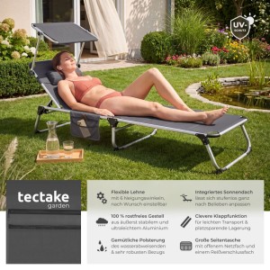 Tectake Aluminium Sonnenliege Lorella Gepolstert  Klappbar Wetterfest und Uv Beständig  200 x 60 50 x 115 cm Grau
