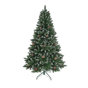 Künstlicher Tannenbaum Kiefer Blavand, 210 cm, mit Schnee und Tannenzapfen auf Metallständer.