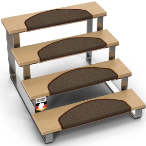 15er-Set KARAT Stufenmatten London Pro, halbrunde Treppenschoner in Braun auf Holztreppe.