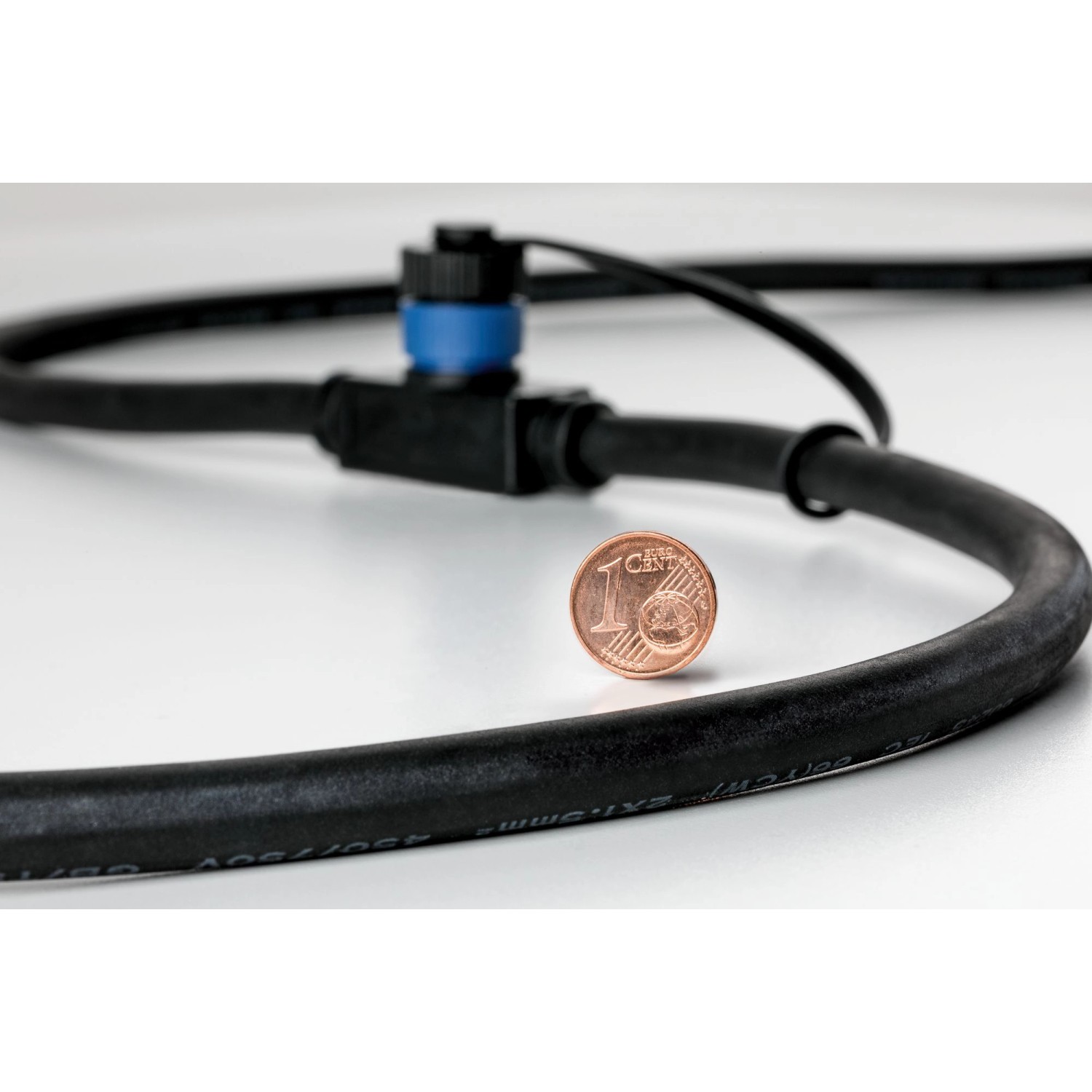 Detailaufnahme: Paulmann Plug&Shine Kabel mit Verbinder und 1-Cent-Münze als Größenvergleich.