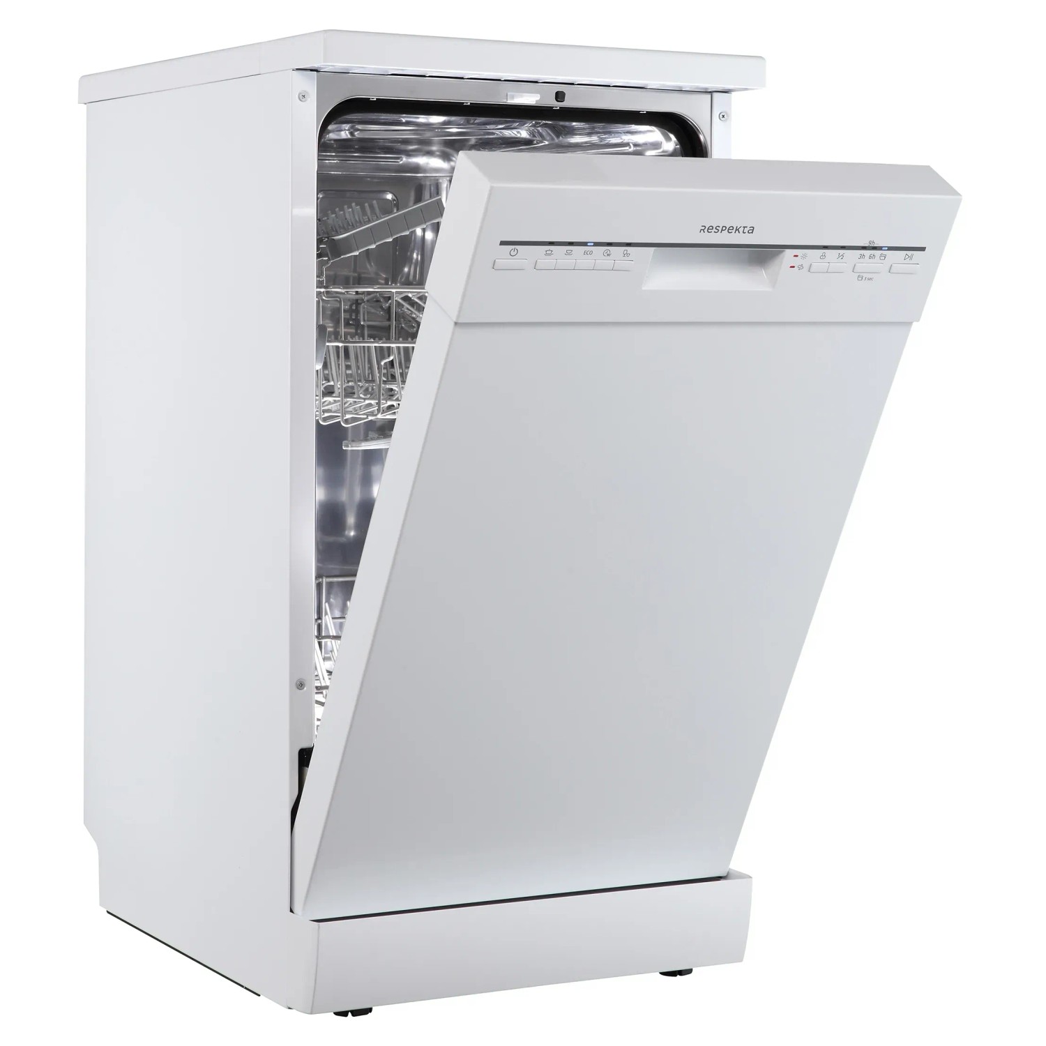 Respekta Unterbau-Geschirrspüler Bena 45 cm, weiß, mit geöffneter Tür.
