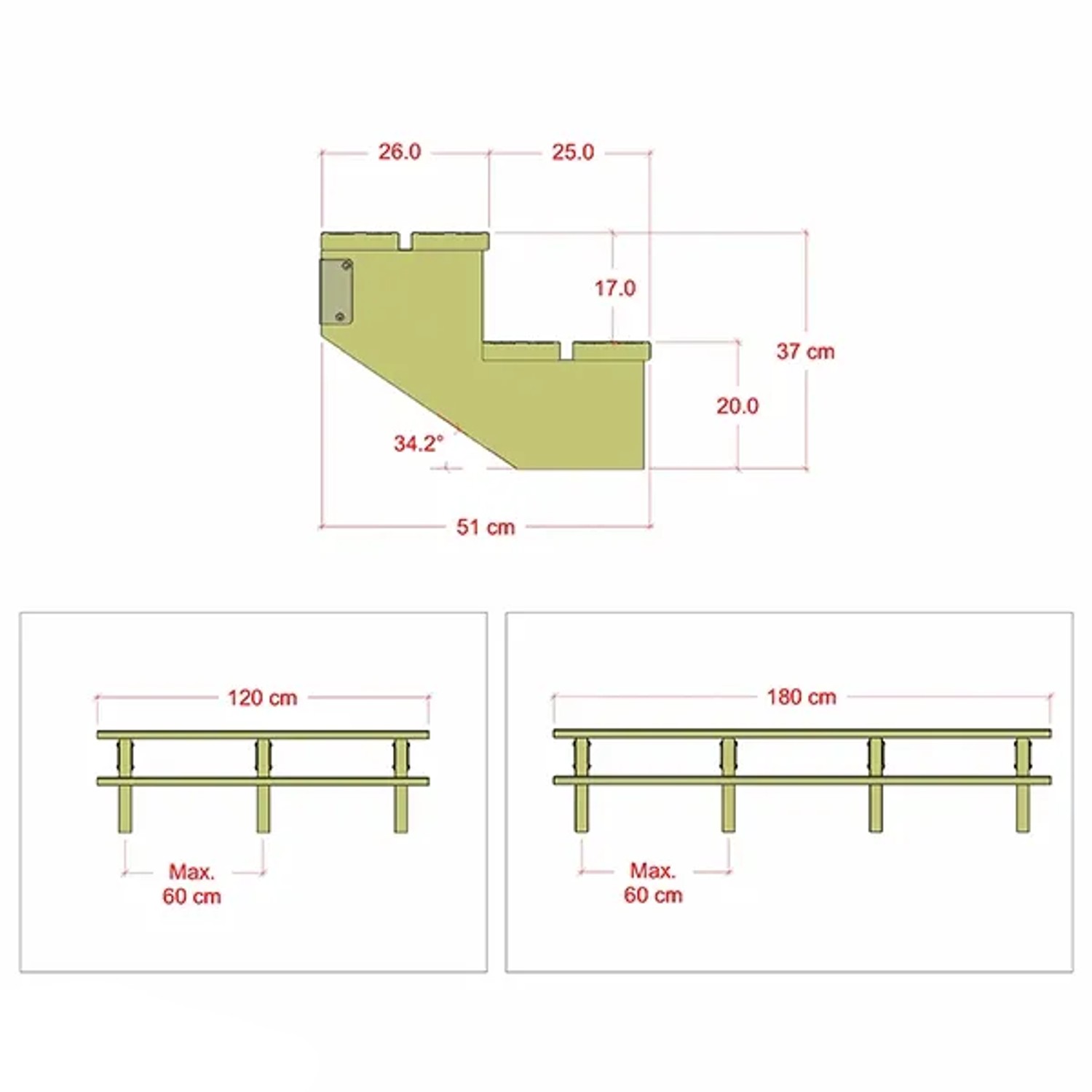 Plus A/S Terrassentreppe, 2 Stufen, 50x34x120 cm, druckimprägniert, Maße und Details.