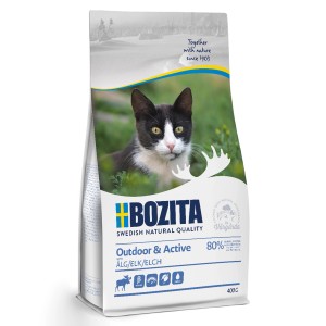 Bozita Katzen-Trockenfutter Feline Outdoor & Active Elch, 400g Packung mit Katze und Elchgeweih