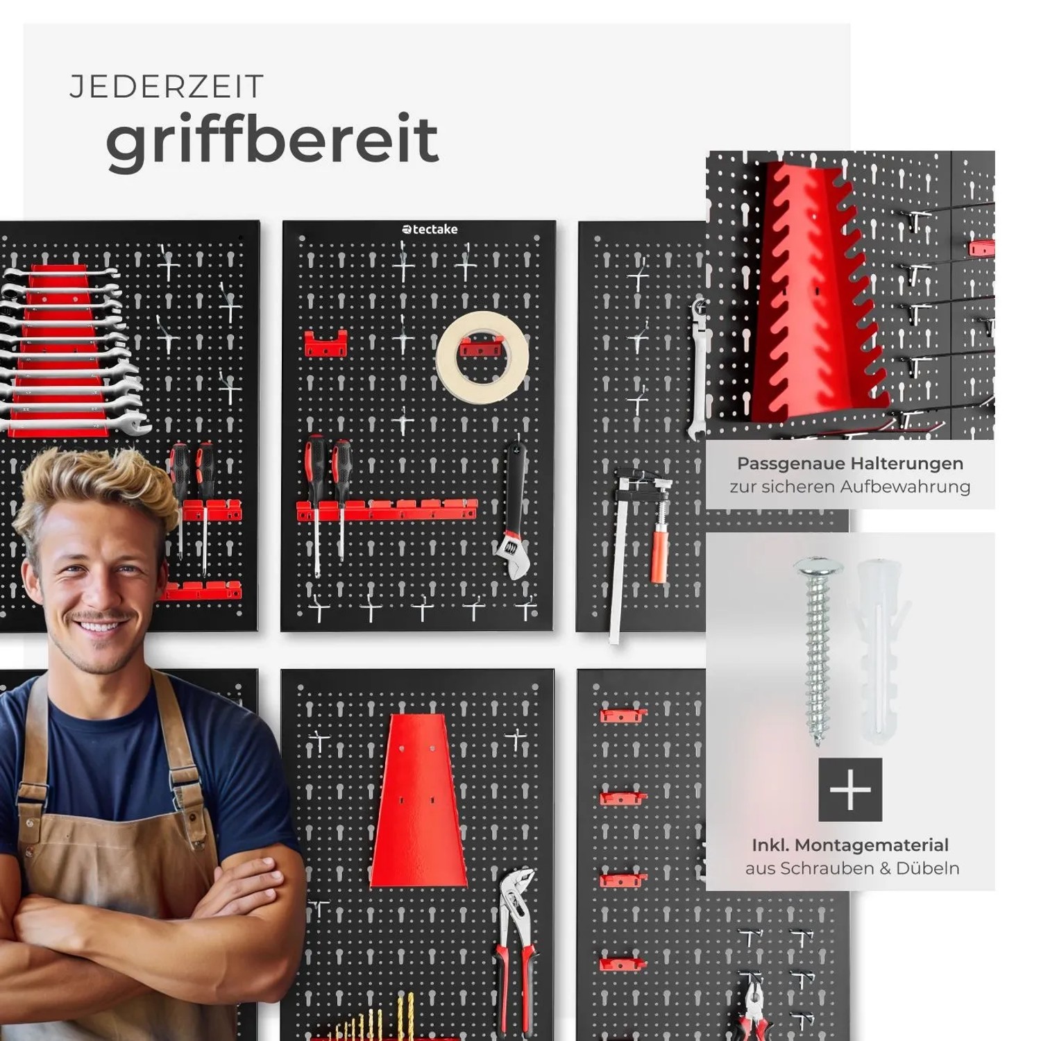 Tectake Werkzeuglochwand, sechsteilig, mit Haken und Halterungen. Werkzeug organisiert an der Wand.