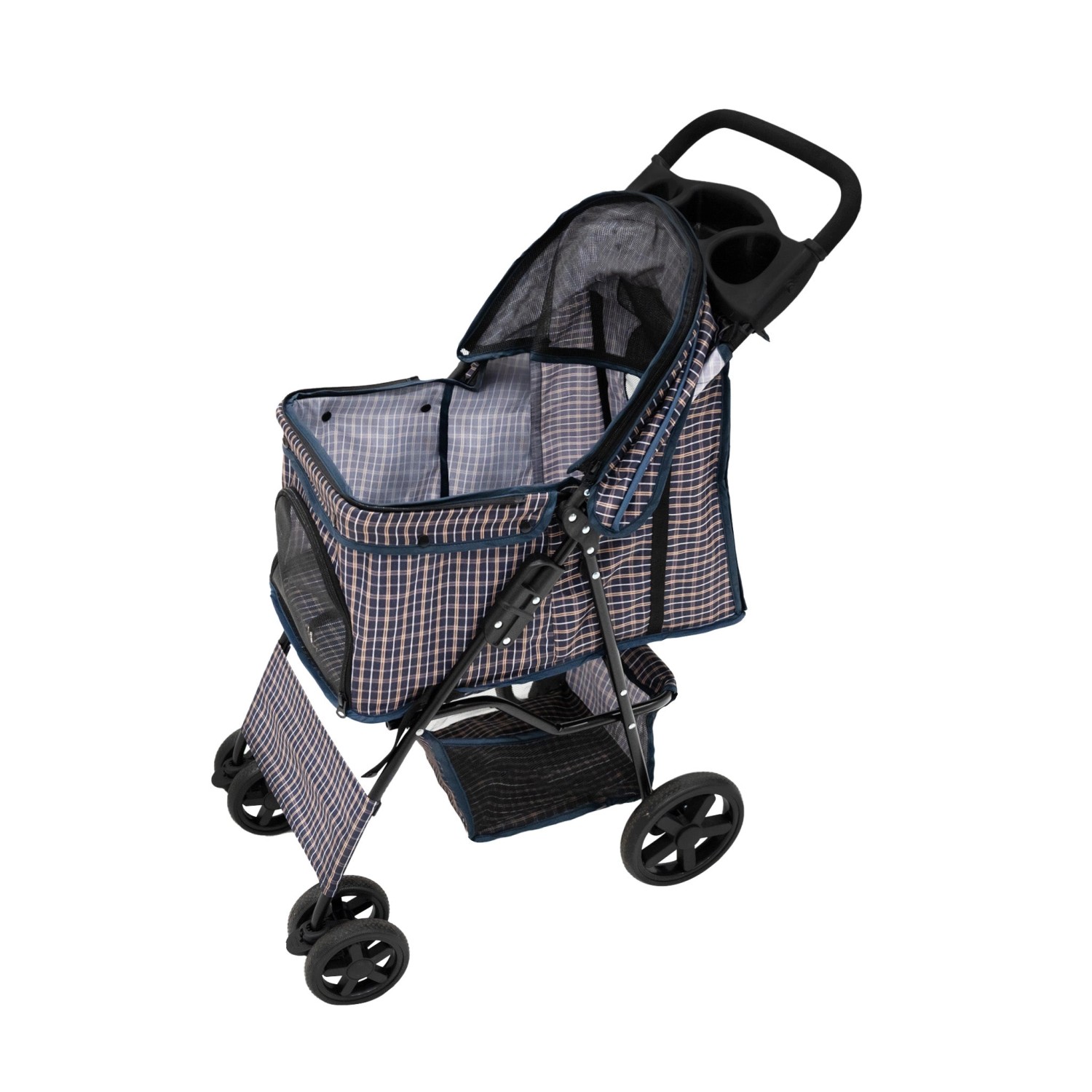 Monstershop Haustierwagen mit Regenabdeckung  Blaues Tartanmuster