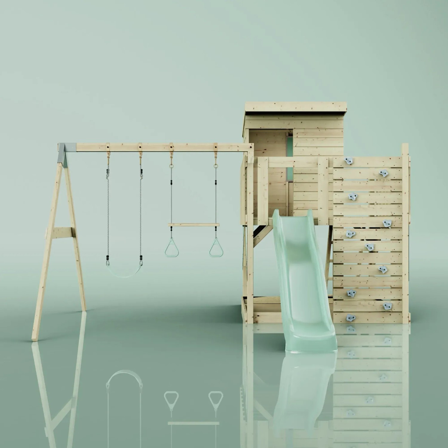 PolarPlay Spielturm Björn mit Schaukel, Rutsche und Kletterwand in Mintgrün.
