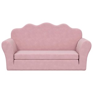 Rosa Kinder-Schlafsofa, 2-Sitzer aus weichem Plüsch. Kindersessel mit ausklappbarer Schlaffunktion.