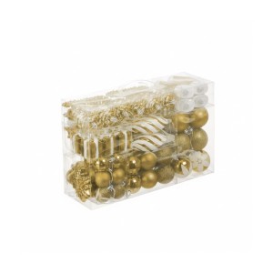 Goldenes 72er Weihnachtskugeln Set aus Polystyrol in klarer Aufbewahrungsbox. Glitzernde, matte und glänzende Christbaumkugeln.