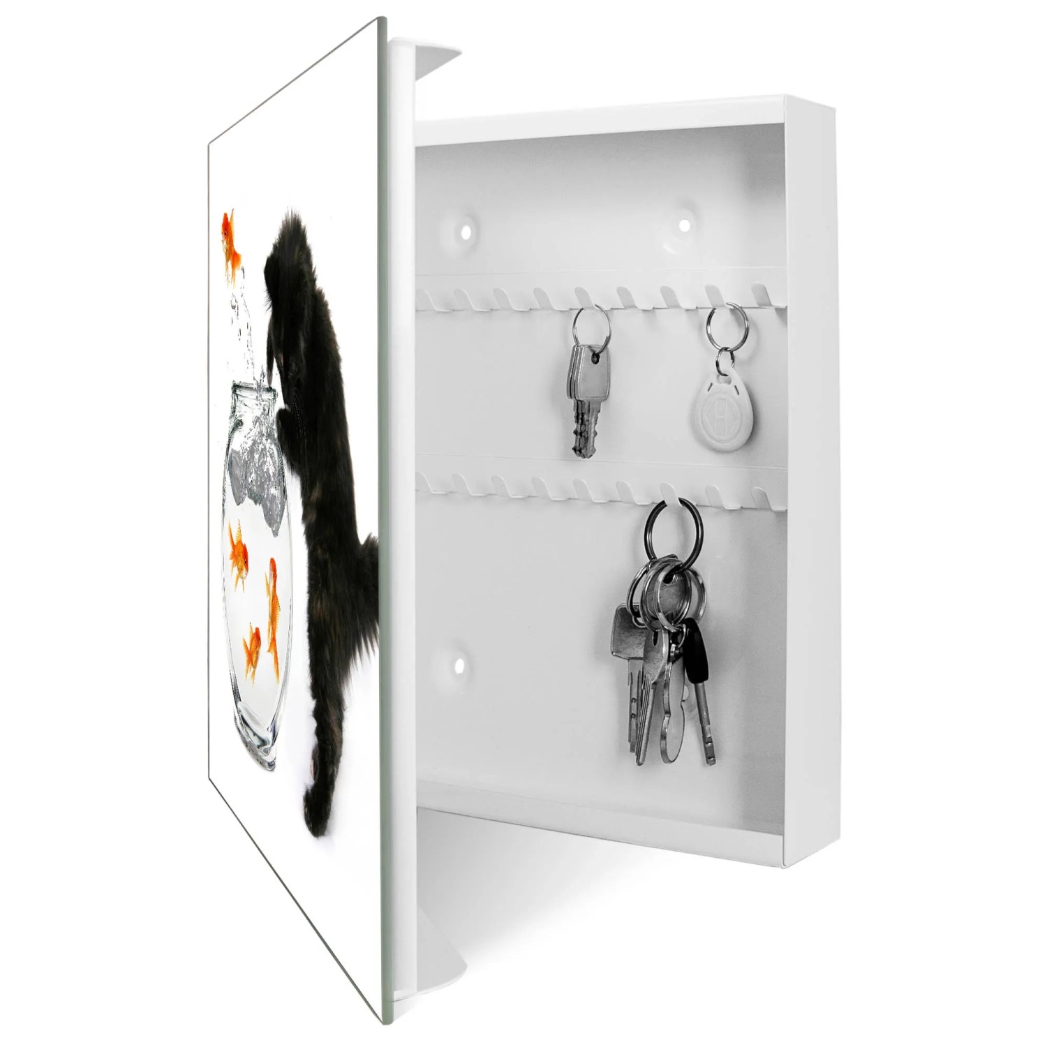 Weißer Schlüsselkasten mit Glasfront, Motiv Katze und Fisch, 50 Haken, beschreibbar, magnetisch.