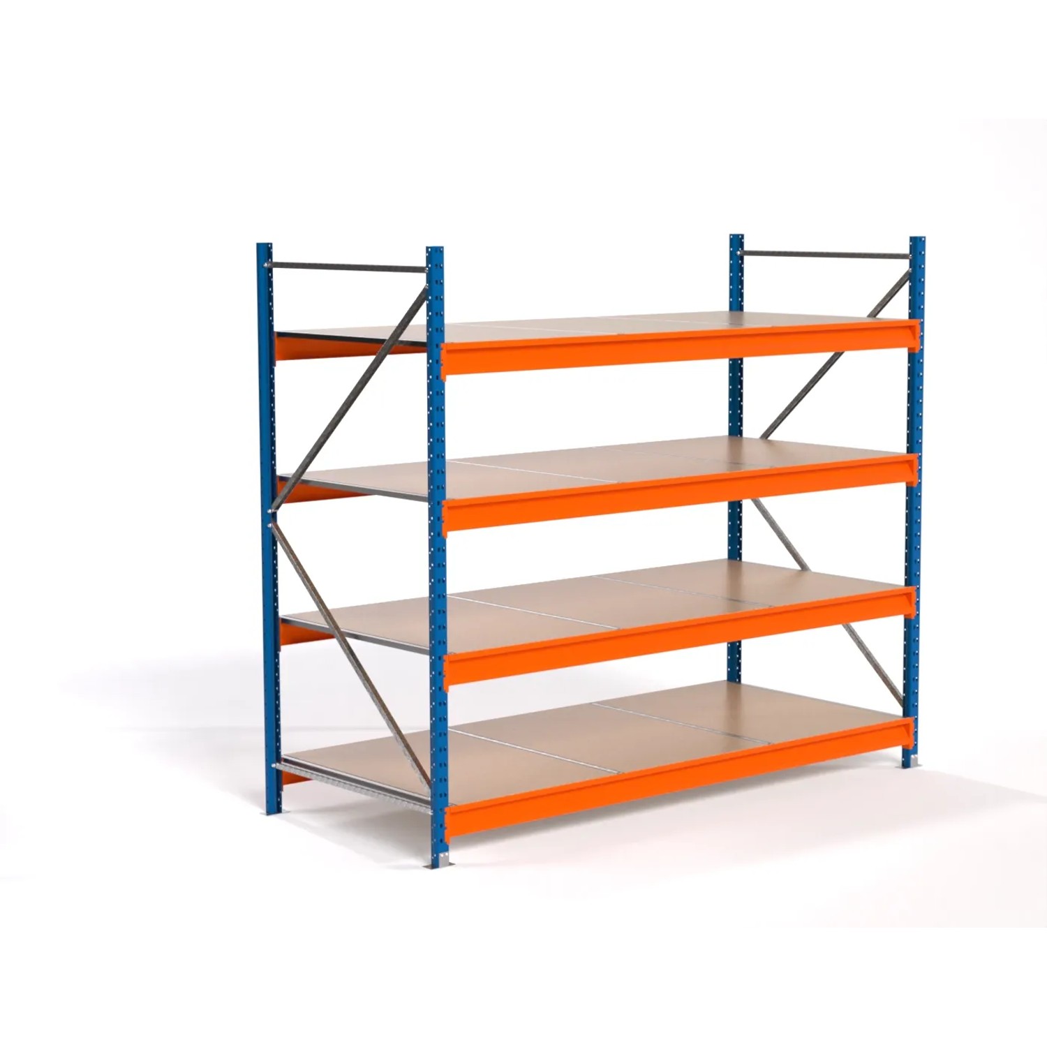 PROREGAL Industrie Weitspannregal Lagerregal MAXIMUS PRO Grundregal HxBxT 200x225x100cm 4 Spanplatten-Fachboden Fachlast 610kg Blau/Orange