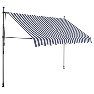 Einziehbare Markise in Blau-Weiß gestreift, handbetrieben, 300 cm breit. Ideal für Terrasse und Balkon.