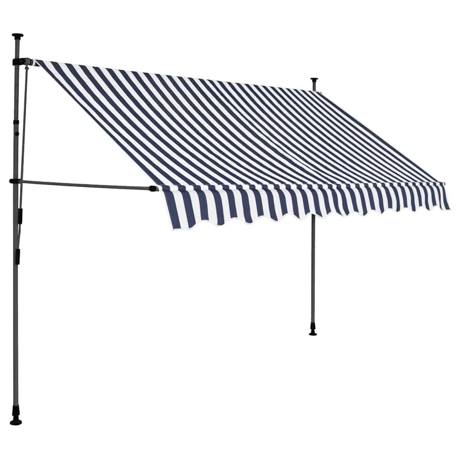 Einziehbare Markise in Blau-Weiß gestreift, handbetrieben, 300 cm breit. Ideal für Terrasse und Balkon.