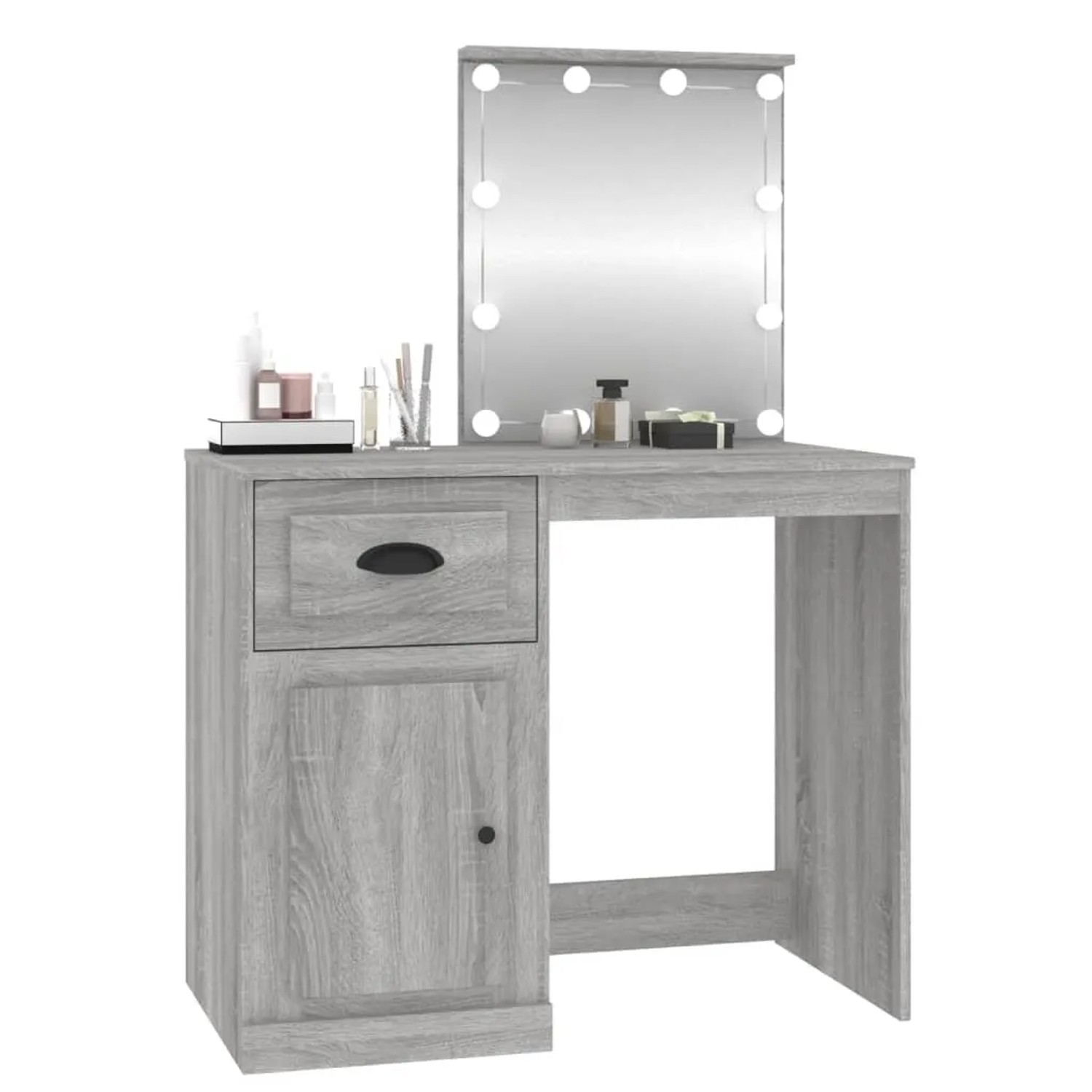 vidaXL Schminktisch mit LED, Grau Sonoma, Holzwerkstoff, mit Spiegel und Stauraum.