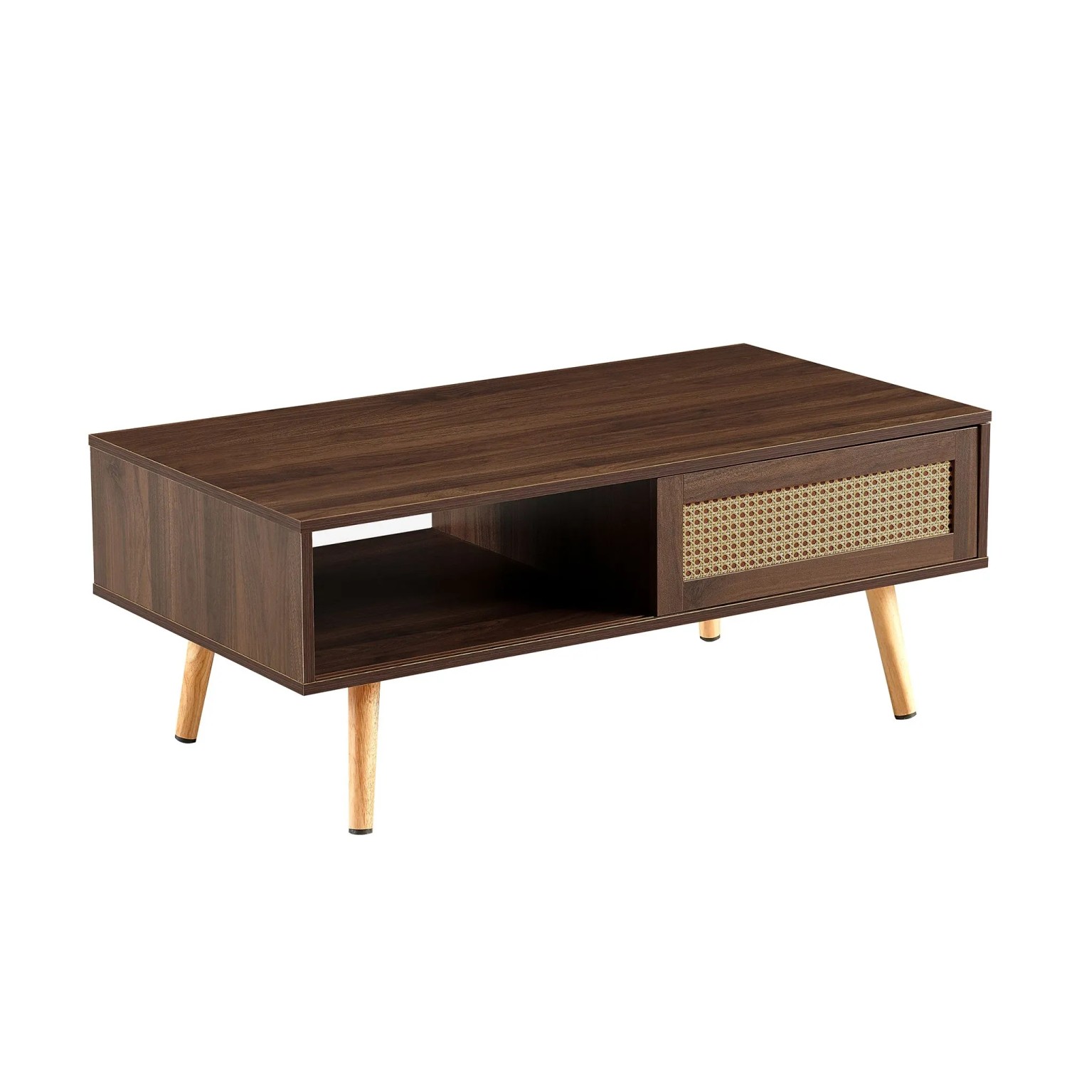 okwish Couchtisch mit Korbgeflecht Schiebetüren Massivholz Wohnzimmer Modern 105x55x40cm Walnuss