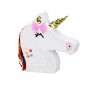 Weiße Einhorn Pinata aus Papier mit goldener Horn, pinker Schleife und bunter Mähne für Geburtstagsfeiern.