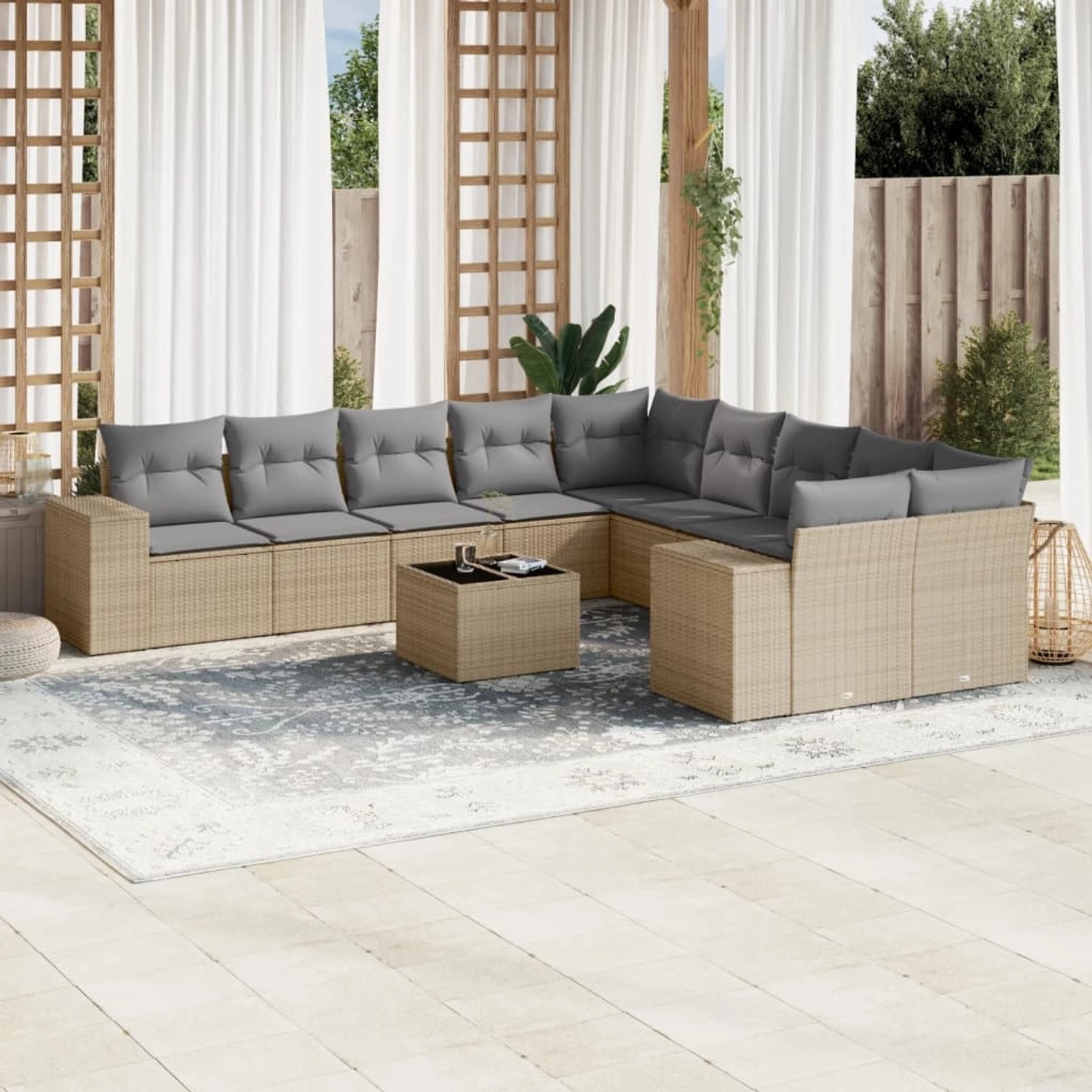 Beige 11-tlg. vidaXL Garten-Sofagarnitur aus Poly Rattan mit grauen Kissen.