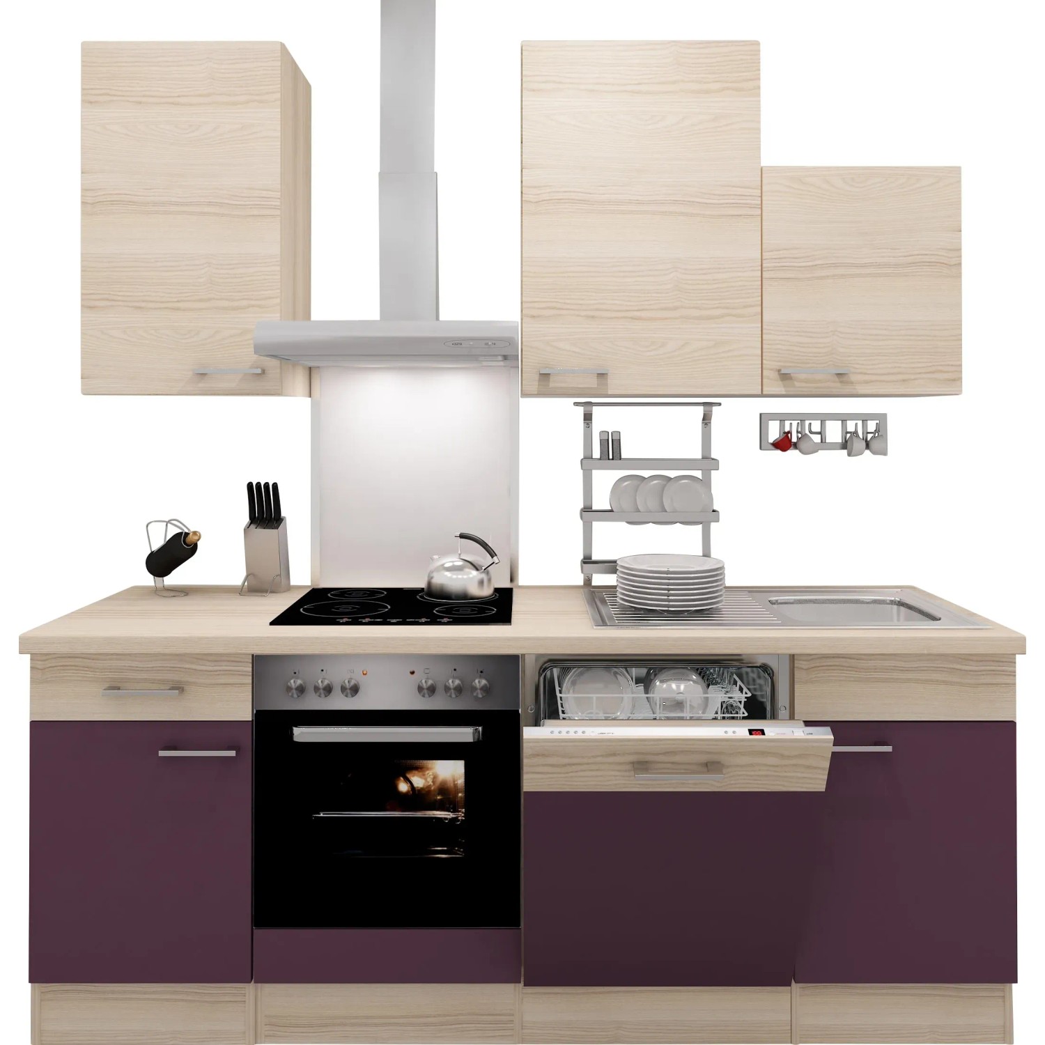 Flex-Well Exclusiv Küchenzeile Focus 220 cm Akazie Nachbildung Aubergine