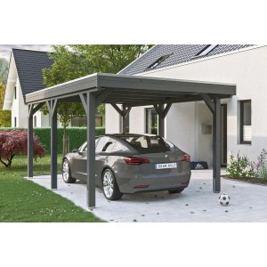 Skan Holz Carport Grunewald mit Aluminiumdach in Schiefergrau und Auto.