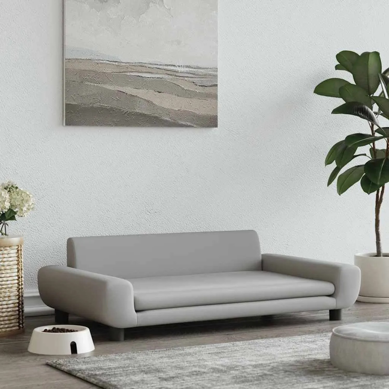 Hellgraues Samt Hundebett 100x54 cm, bequemes Hundesofa für Haustiere im modernen Wohnzimmer.