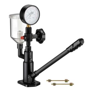 Wiltec Diesel Einspritzdüsentester mit Manometer, Hebel, Kraftstoffbehälter und Adapterrohren für präzise Druckmessung.