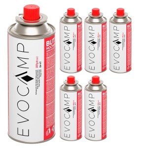 6er-Pack Evocamp Butan Gaskartuschen, 227g, für Campingkocher, Gasheizung und Unkrautbrenner.