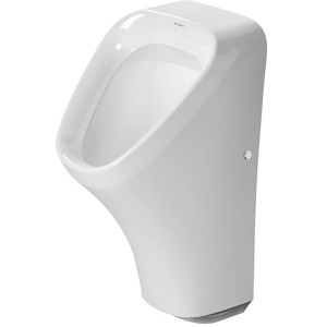 Weißes Duravit DuraStyle Urinal mit Zulauf hinten für Netzanschluss.