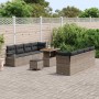 Graues 11-teiliges Garten-Sofa-Set aus Poly Rattan und Akazie von vidaXL mit Kissen.