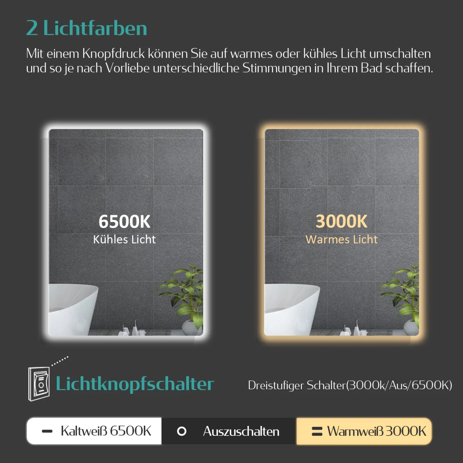 Emke Badspiegel mit LED-Beleuchtung: Kaltweiß und Warmweiß im Vergleich.