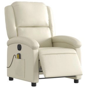 Elektrischer Massagesessel in Creme aus Kunstleder mit Vibrationsfunktion und Seitentasche.