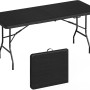 Schwarzer WOLTU Klapptisch, rechteckig, aus HDPE und Metall, stehend und zusammengeklappt. Tragbarer Gartentisch.