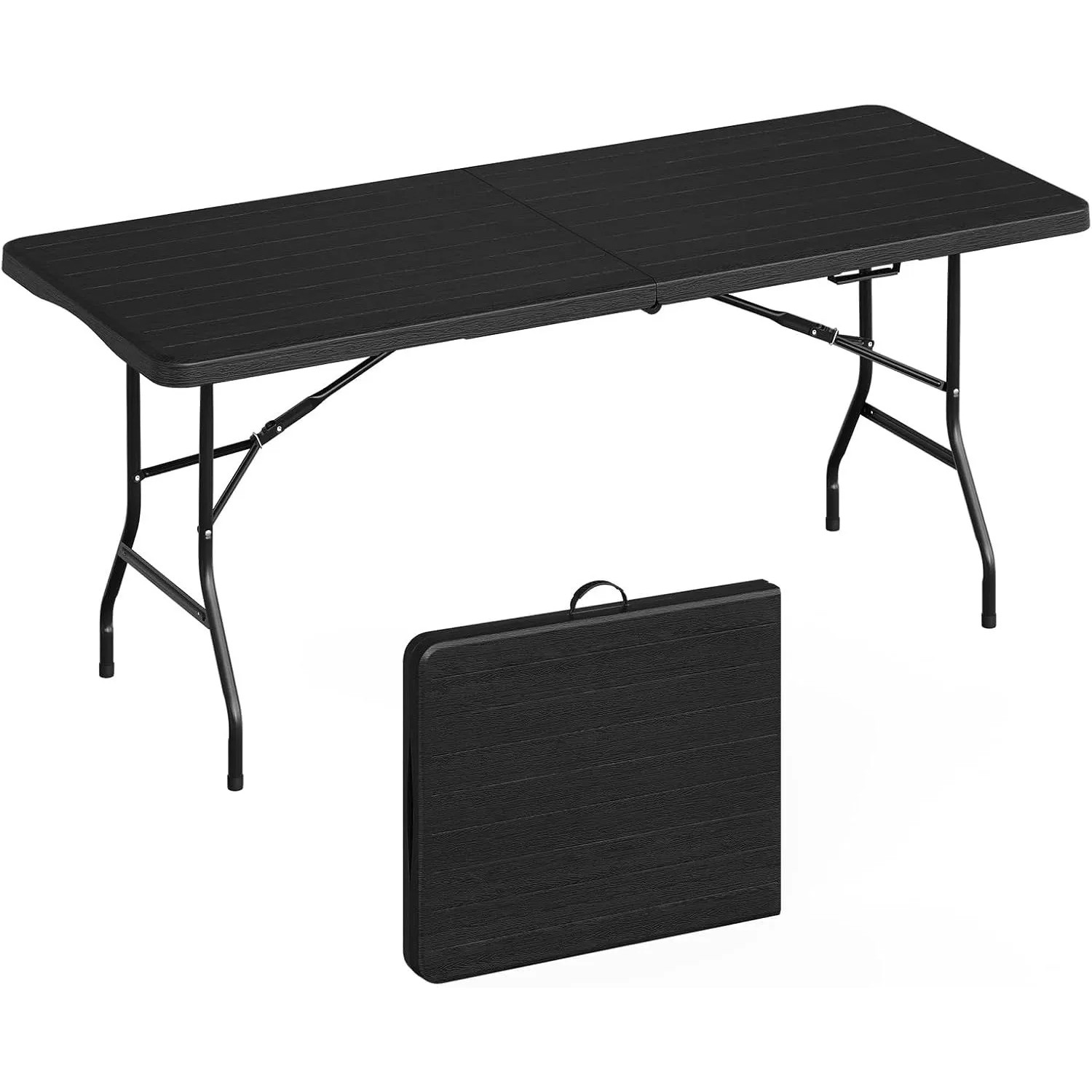 Schwarzer WOLTU Klapptisch, rechteckig, aus HDPE und Metall, stehend und zusammengeklappt. Tragbarer Gartentisch.