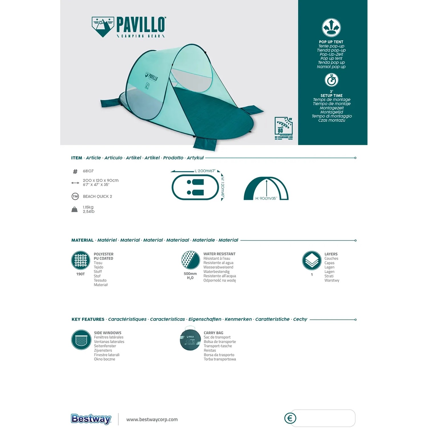 Pavillo Pop-Up Strandmuschel Beach Quick 2, türkis/dunkelgrün, 200x120x90cm, idealer Sonnenschutz am Strand.
