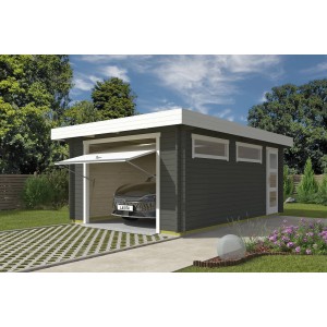 Lasita Garage Canberra Set mit Schwingtor, grau-grüne Holzgarage mit Auto und seitlicher Tür.