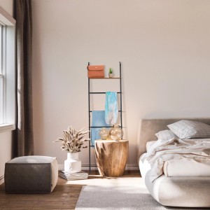 Relaxdays Handtuchleiter Stahl MDF Schwarz Braun mit Ablage Rutschfest Justierbar 150 cm x 45,5 cm x 20 cm 2,1 kg