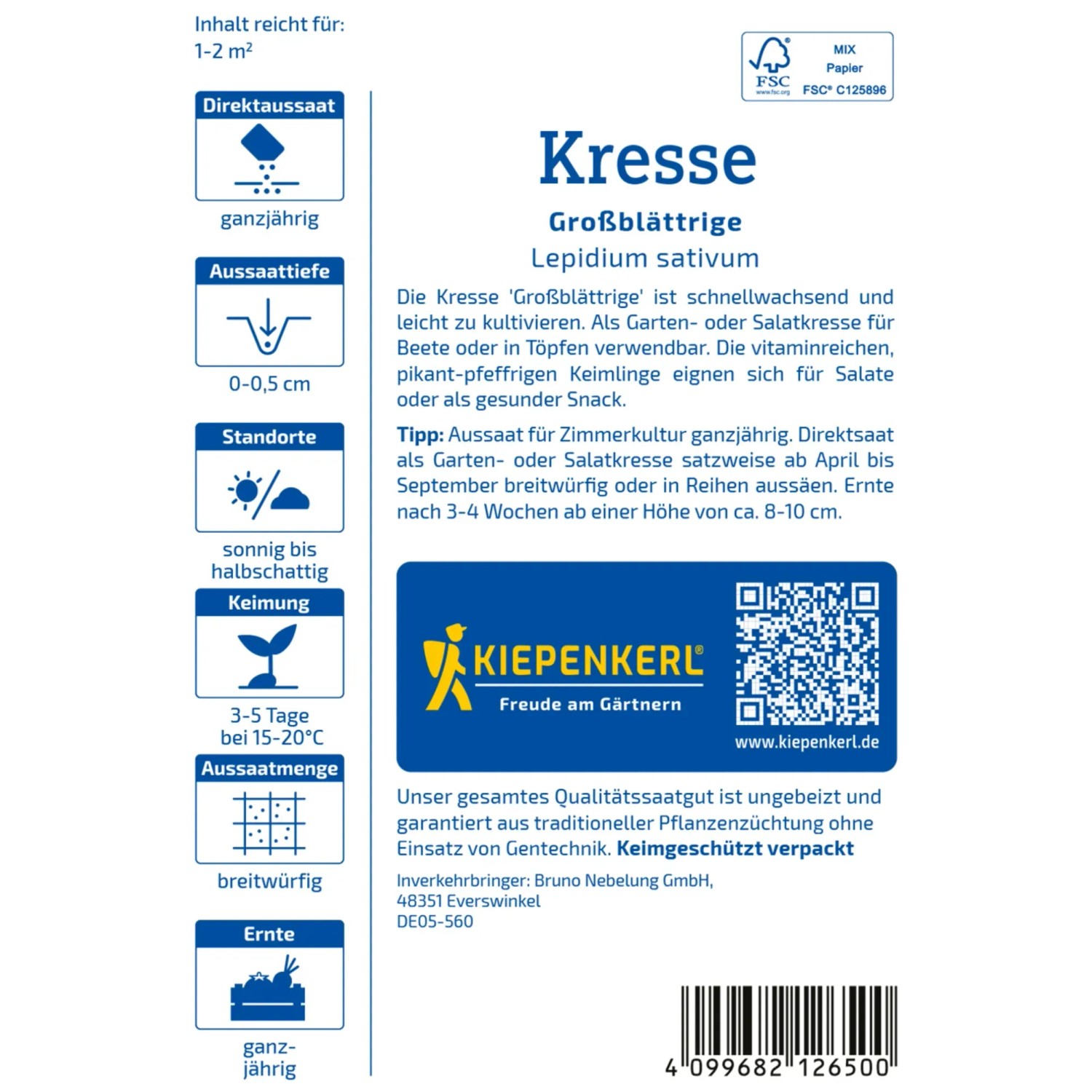 Kiepenkerl Kresse 'Glatte Großblättrige' Samenpackung für vitaminreiche Salate und Kräuter.