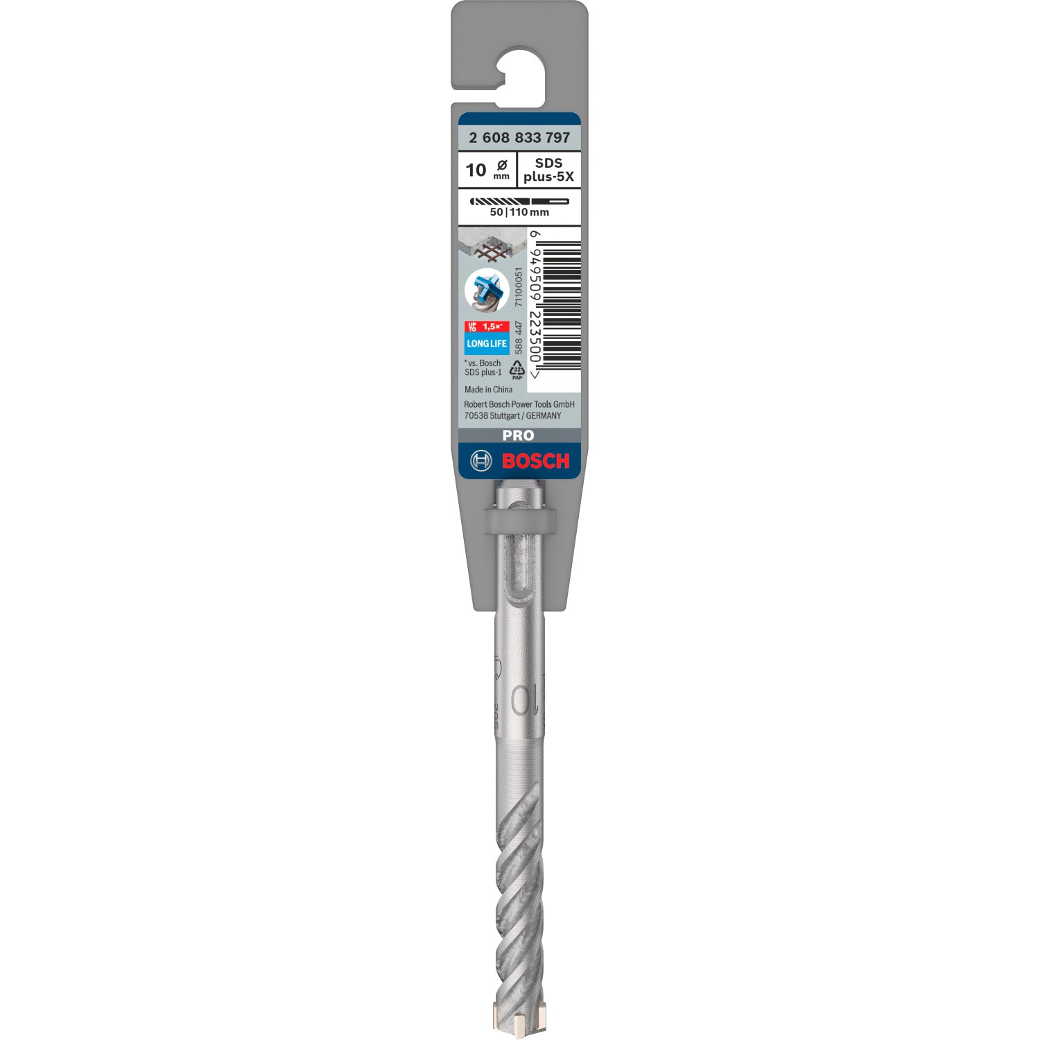 Bosch Hammerbohrer SDS Plus-5x, 10 mm Durchmesser, für Bohrhammer, geeignet für Beton und Stahlbeton.