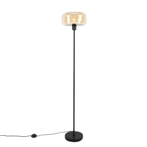 Art Deco Stehlampe Bizle in Schwarz mit braunem Glas für Innenräume.
