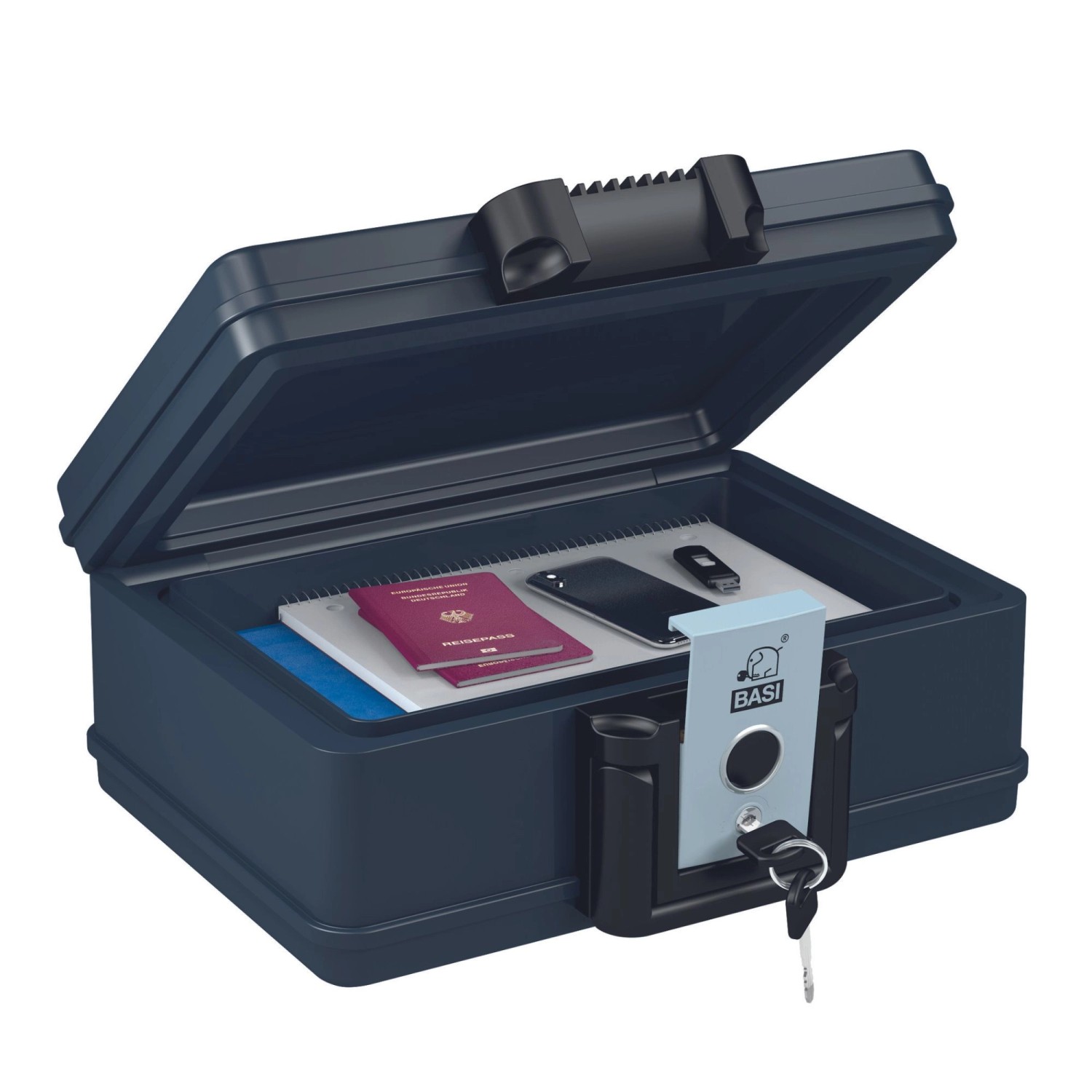 Geöffnete, wasser- und feuerfeste Basi Dokumentenbox mit Inhalt (z.B. Reisepass, Smartphone).