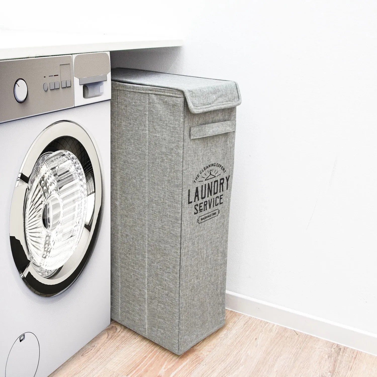 DuneDesign 50 Liter Wäschekorb mit Deckel 20 x 40 x 60 cm Grau mit Aufdruck