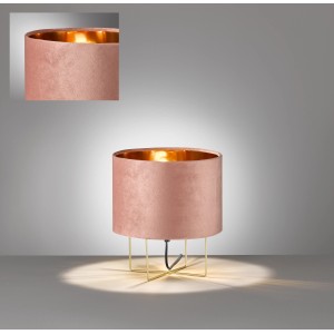 Roséfarbene Fischer & Honsel Tischleuchte Aura mit Samt-Schirm und goldenem Gestell.