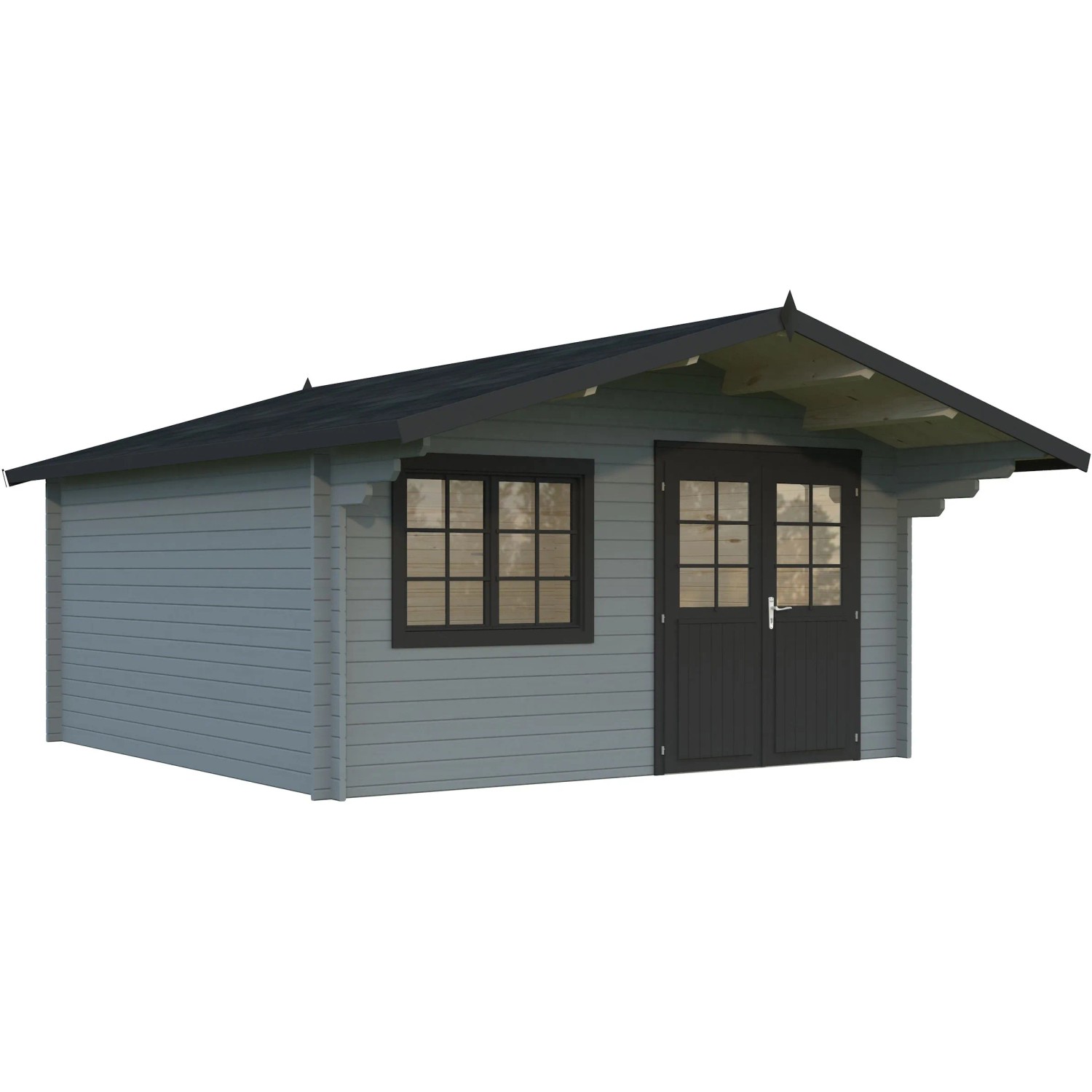 Palmako Gartenhaus Britta, 426x426 cm, hellgrau-anthrazit, mit Doppeltür und Fenster. Holz-Gartenhaus.