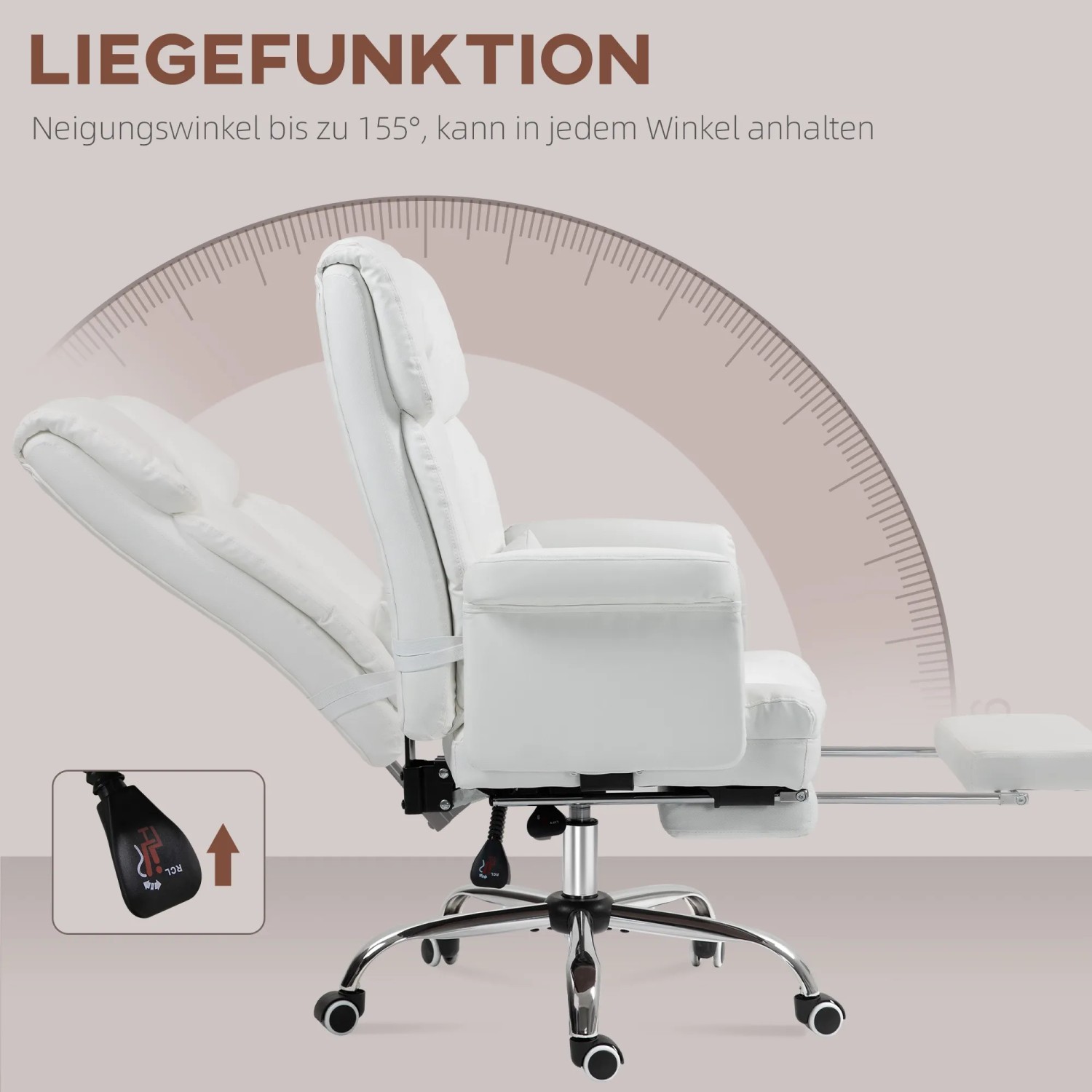 Weißer HOMCOM Bürostuhl mit Liegefunktion und ausziehbarer Fußstütze.