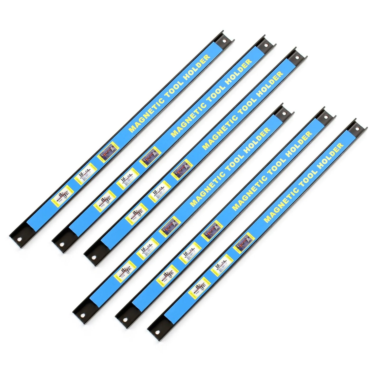 Sechs schwarze Wiltec Magnetleisten 46cm mit blauen Etiketten als Werkzeughalter für die Werkstatt.